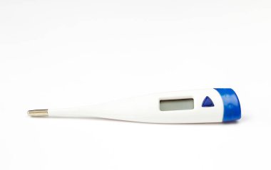 white thermometer with a blue stripe lies on a white background