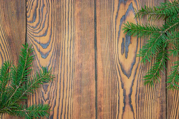 Spruce Branches Wooden Textured Surface — Stock Photo, Image