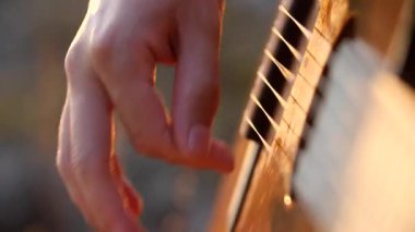 Müzisyenlerin parmakları akustik gitar tellerinde hızlı ve neşeli bir melodi çalar.