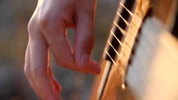 Τα δάχτυλα των μουσικών παίζουν μια γρήγορη, χαρούμενη μελωδία σε χορδές ακουστικής κιθάρας — Αρχείο Βίντεο