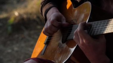 Müzisyen doğada oturur ve gitar çalar. Sonbahar. 