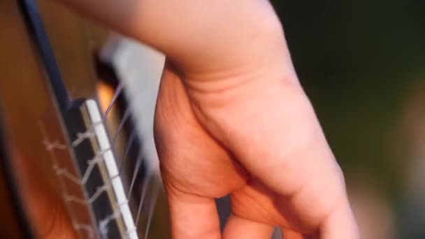 Primer plano de los dedos de los músicos tocando cuerdas de guitarra acústica en la naturaleza. — Vídeos de Stock