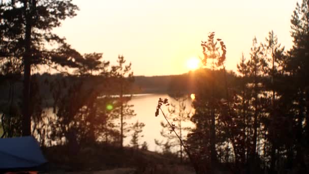 Spokojna powierzchnia jeziora.Namiot turystyczny. Słońce świeci. Jesienny krajobraz. — Wideo stockowe
