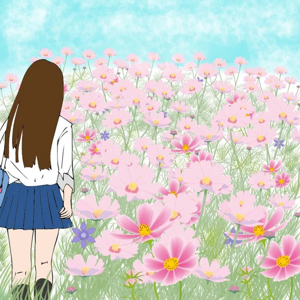 Girl Enjoying Pink Flower Garden — Stock Photo, Image