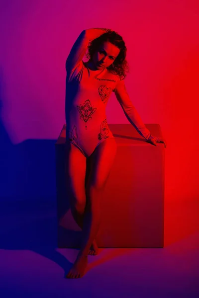 工作室霓虹灯前穿着时髦衣服的时装模特 一个穿着皮夹克 紧身衣和靴子 穿着红色 紫色紫外线背景的性感女人在夜总会的画像 — 图库照片