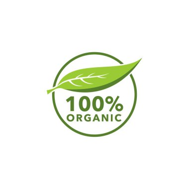 % 100 Organik Sembol Yaprak Rozet Vektör logo tasarımı