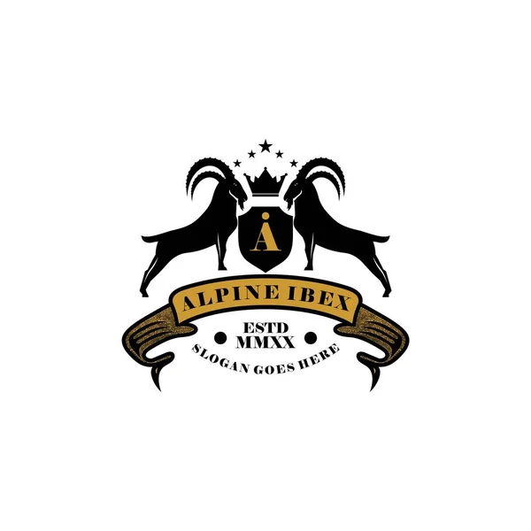 Alpine Ibex Vintage Векторным Логотипом Crown — стоковый вектор
