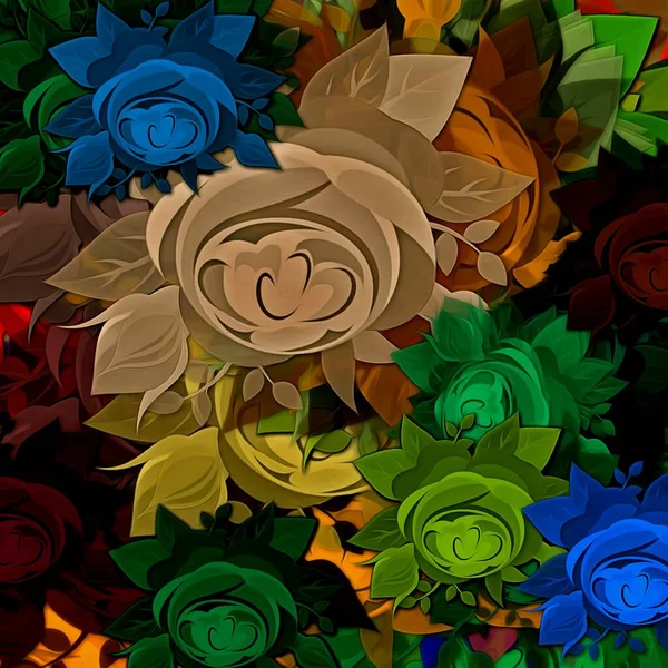 Fond Coloré Abstrait Coups Pinceau Multicolores Autocollants Fleurs — Photo