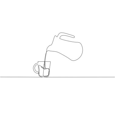 Çaydanlığın fincanlı sürekli çizimi, nesne bir çizgi, tek çizgi sanat, vektör illüstrasyonu