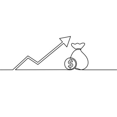 Büyüme okunun sürekli çizimi, madeni para çantası dolar iş finansmanı, gelir doları faturası, nesne bir çizgi, tek çizgi sanat, vektör illüstrasyonu