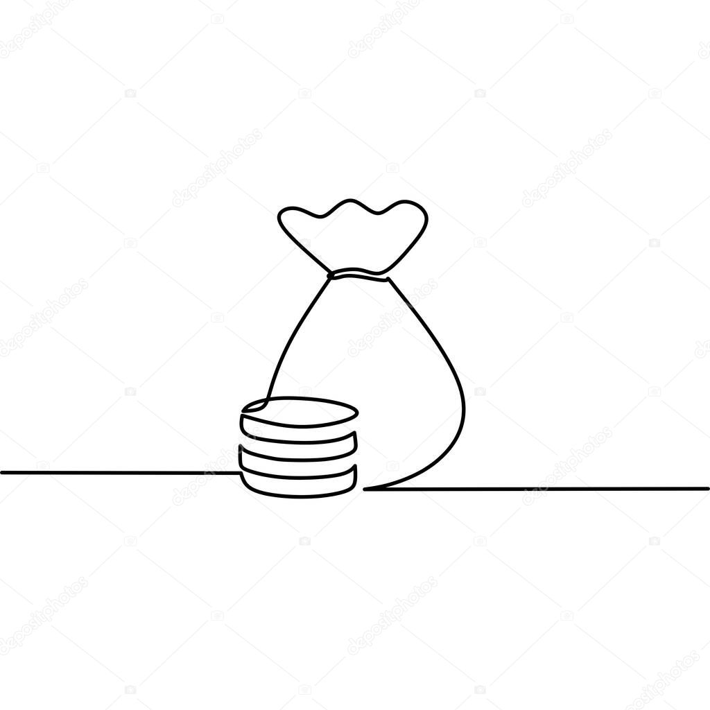 Continuous line drawing of money bag with dollar coin, money saving concept, business icon, object one line, single line art, hand drawn vector illustration