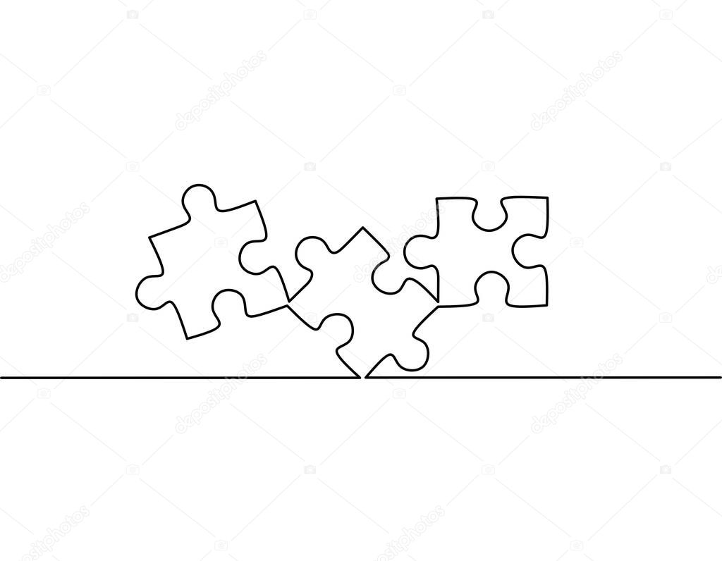 Continuous line drawing of puzzle, pieces problem solving business, jigsaw, object one line, single line art, vector illustration