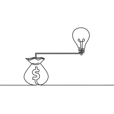 Ampul ve para çantasının aralıksız çizimi, iş minimalizmi tasarımı, nesne bir çizgi, tek çizgi sanat, vektör illüstrasyonu
