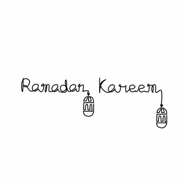 Ramadan Kareem写作和灯笼 伊斯兰模板 物体单行艺术 矢量图解的连续线条绘制 — 图库矢量图片