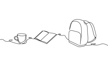 Defter, kahve fincanı ve torba çizimleri, kusursuz arka plan desenleri. Okula dönelim. Nesne bir çizgi, tek çizgi sanat, vektör illüstrasyonu