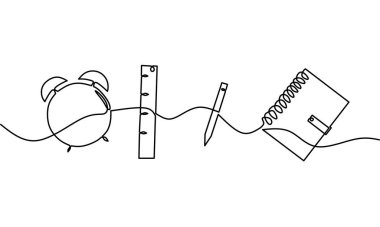 Kalem cetvel ve alarm saatinin aralıksız çizimi, okula dönüş, nesne bir çizgi, tek çizgi sanat, vektör illüstrasyonu
