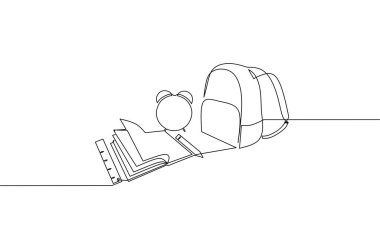 Defter, kalem, çanta, cetvel ve alarm aralıksız çizgi çizimi, okula dönüş, nesne bir çizgi, tek satır sanat, vektör illüstrasyonu