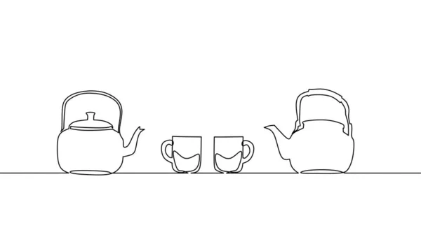 Dibujo Continuo Línea Tetera Taza Conjunto Iconos Objeto Una Línea — Vector de stock