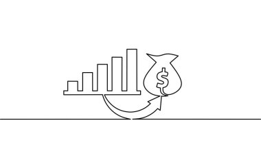 Aralıksız büyüme çizelgesi ok ve para çantası, iş büyümesi, nesne bir çizgi, tek çizgi sanat, vektör illüstrasyonu