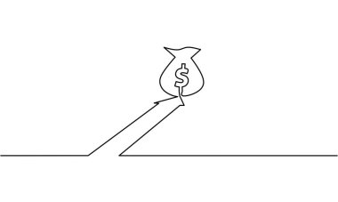 Aralıksız ok çizimi para çantası, iş büyümesi, nesne bir çizgi, tek çizgi sanat, vektör illüstrasyonu
