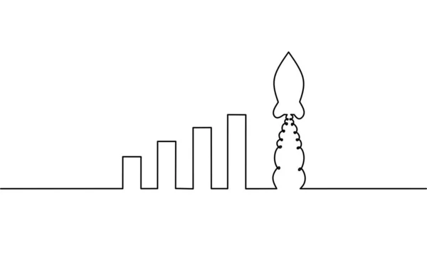 ロケットと成長グラフの連続線画 ビジネス成長 オブジェクト1行 1行アート ベクトルイラスト — ストックベクタ