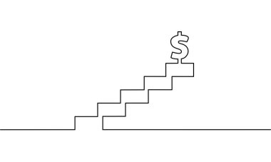 Dolarlı merdivenlerin kesintisiz çizimi, iş büyümesi, büyüme grafiği merdiveni, nesne bir çizgi, tek çizgi sanat, vektör illüstrasyonu