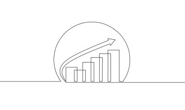 Continuous line drawing of graph with arrow up, business growth, circle icon, object one line, single line art vector illustration