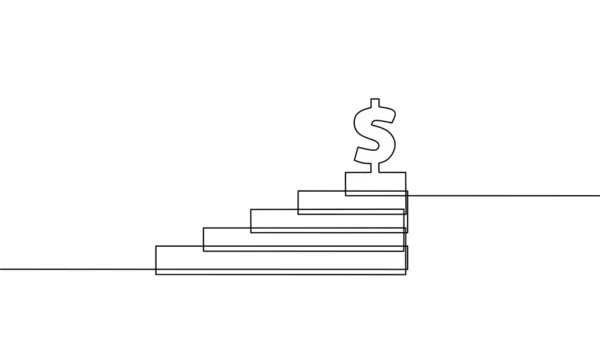 具有美元 业务增长 条形图 对象一行 单行艺术 矢量图解的楼梯连续线条图 — 图库矢量图片