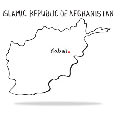 Afganistan İslam Cumhuriyeti 'nin başkenti Kabil ile el çizimi ülke haritası.