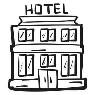 Karalama stilinde el çizimi otel simgesi izole.