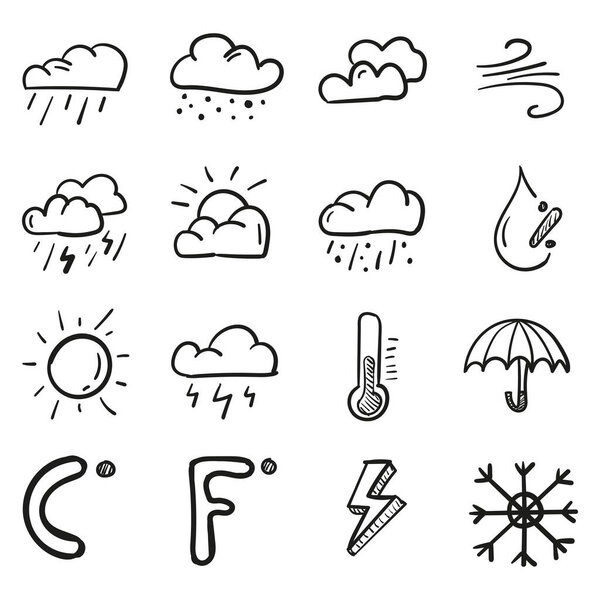 Hand drawn weather set icon in doodle style isolated.