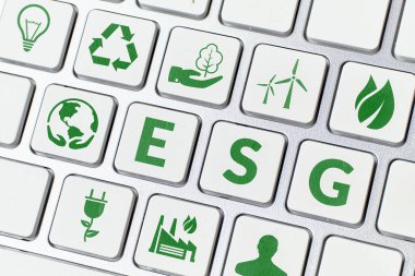 ESG ya da çevresel sosyal yönetim. Doğa koruma stratejisi olan bir şirketi yönetmek. Klavyedeki simgeler