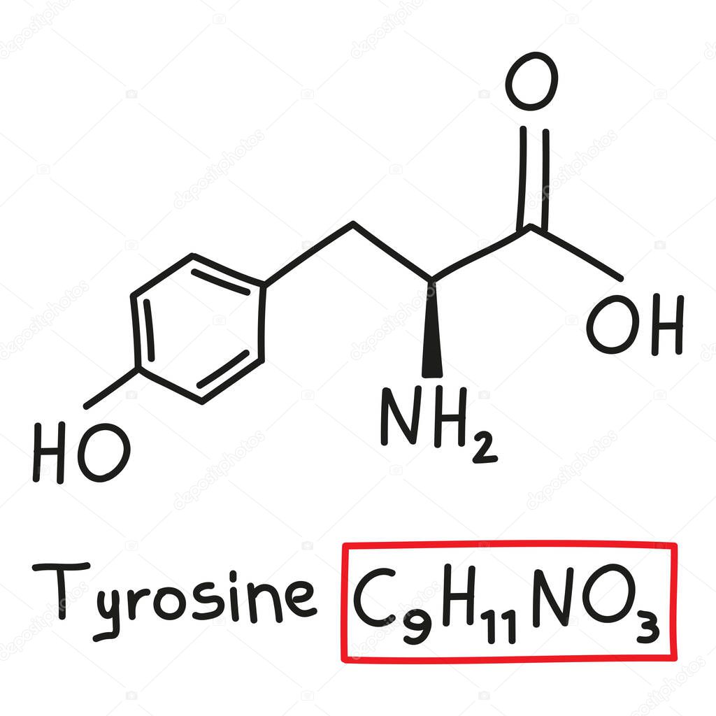 Hand drawn chemical molecular formula of amino acid Tyrosine in doodle style isolated.