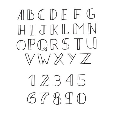 Hand drawn alphabet and numbers in doodle style isolated.