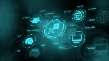 Neon translation icon with message, technology and people icons