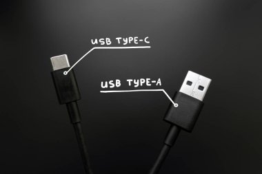 Bağlantı kabloları usb tip C ve tip A kabloları. Popüler teknoloji standardı