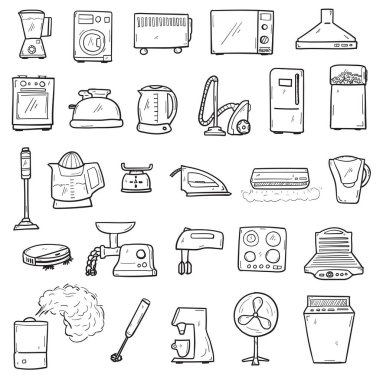 Ev simgesi için el çizimi ev aletleri karalama tarzında izole edilmiş..