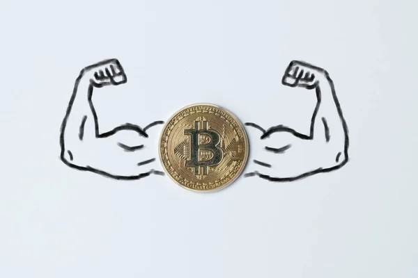Conceito Bitcoin Criptomoeda Forte Músculos Braços Desenhados Com Uma Moeda — Fotografia de Stock