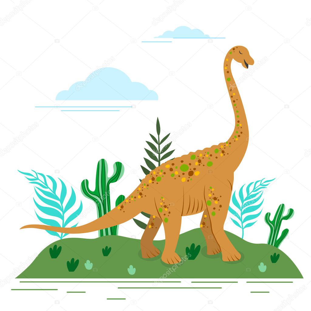 Vector illustration of a funny cartoon dinosaur on a white background. Brachiosaurus picture.