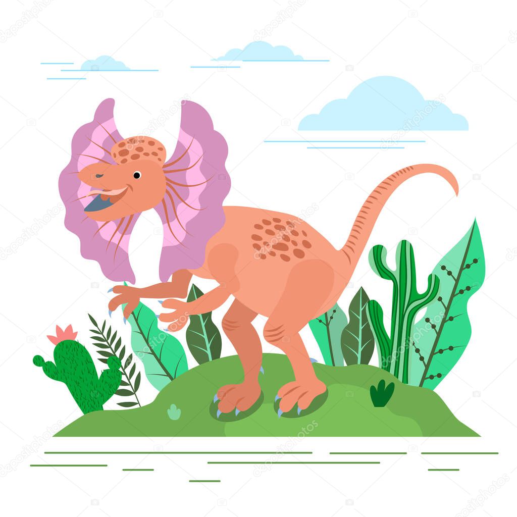 Cartoon funny Dilophosaurus, vector illustration isolated on white background. Stylized dinosaur in children's style.