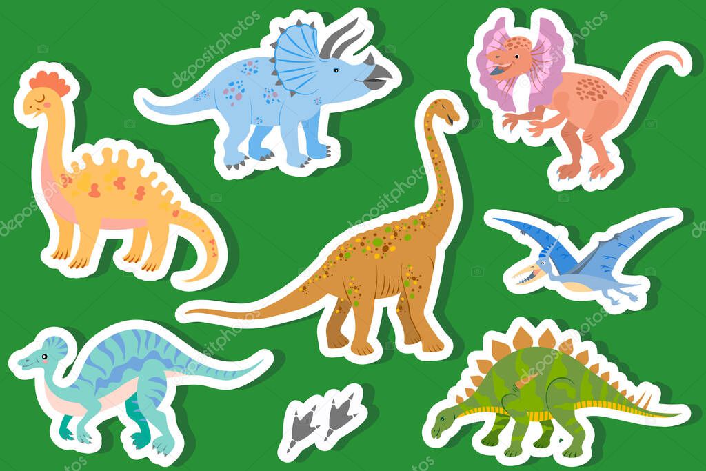 Set of baby cute dinosaurs in vector. Jurassic Reptile Stickers Brachiosaurus, Dilophosaurus, Triceratops, Stegosaurus, Pterodactyl, Amargasaurus, Corytosaurus. Collection of drawn dinosaurs.