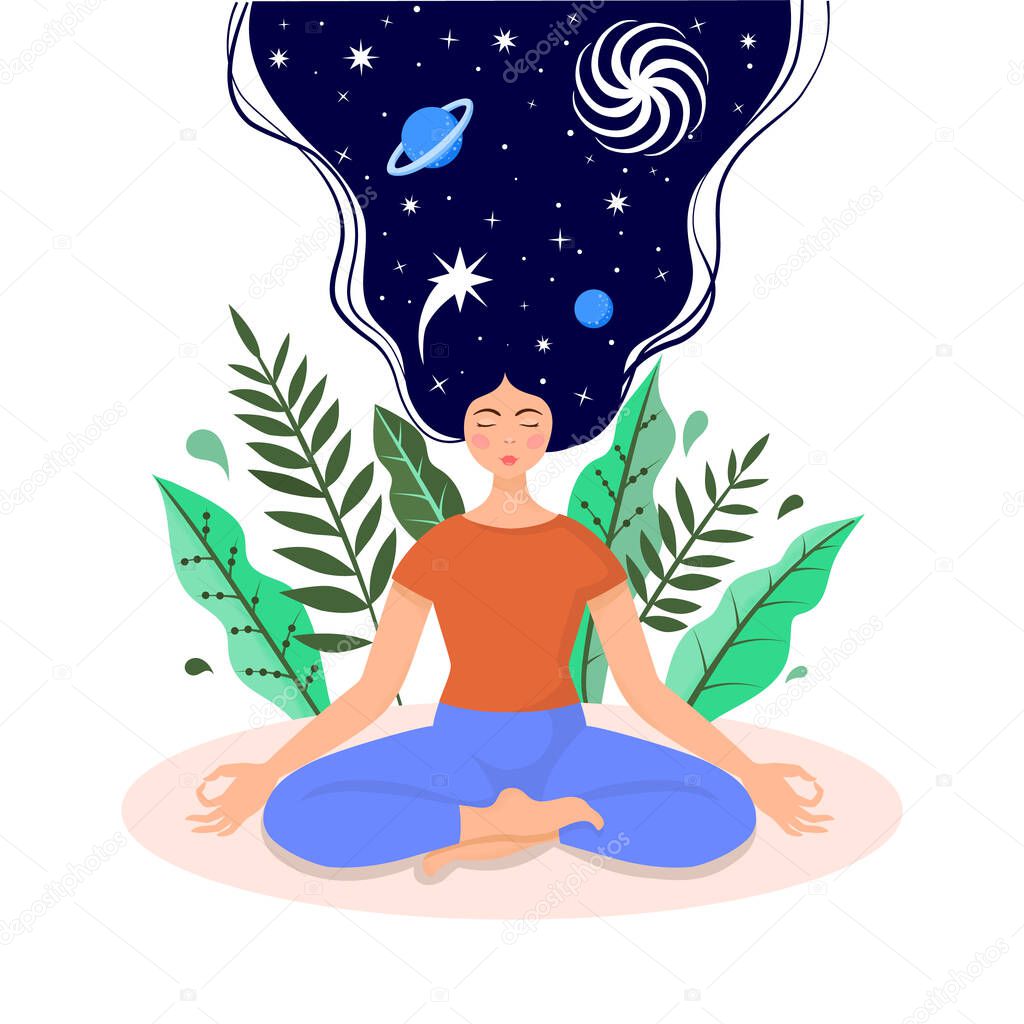 Girl in lotus position meditates vector illustration. Meditation of a woman sitting in a lotus position with crossed legs and raised dark hair with a starry cosmic sky.