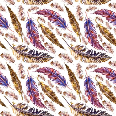 Renkli tüylerin suluboya kusursuz zarif deseni. Boho tarzında el yapımı desenler, şık duvar kağıtları. Kuş tüyü deseni.