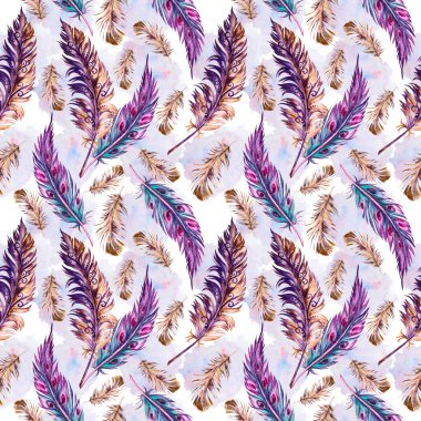 Renkli tüylerin suluboya kusursuz zarif deseni. Boho tarzında el yapımı desenler, şık duvar kağıtları. Kuş tüyü deseni.