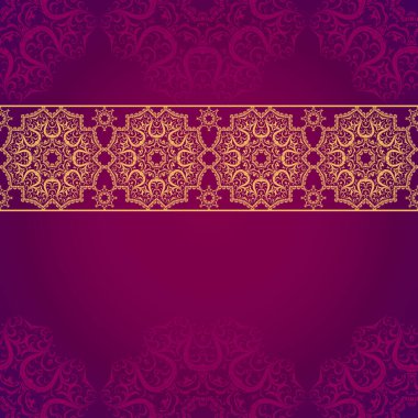 Mor arka planda kusursuz bir klasik model var. Doğu tarzında, dantel süslemeli yazıtlar için arka planda bir yer. Paketleme, davetiye, dekorasyon, sevgililer günü, çanta şablonu gibi şeylerde kullanılabilir..