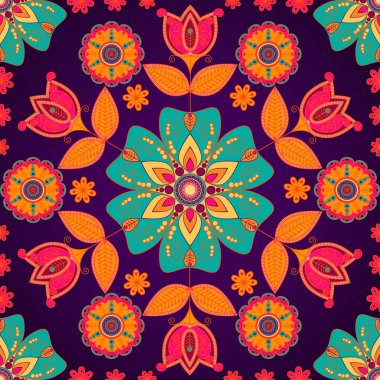 Renkli çiçeklerin kusursuz deseni ve mor bir arka planda yapraklar. Modern çiçek arkaplanı. Tekstil, ambalaj, yazdırma için vektör illüstrasyonu.