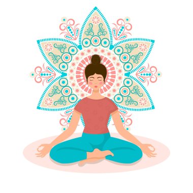 Nilüfer pozisyonundaki kız meditasyon vektör çizimi. Nilüfer pozisyonunda oturan bir kadının meditasyonu çiçek mandisinin arka planında bacak bacak bacak üstüne atmış bir şekilde.
