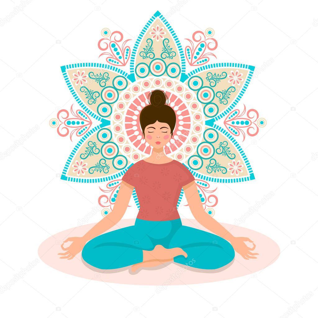 Girl in lotus position meditation vector illustration. Meditation of a woman sitting in a lotus position with crossed legs on the background of a flower mandyl.