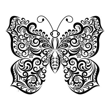 Siyah ve beyaz grafikler, beyaz arka planda izole edilmiş dekoratif kelebekler. Bir dövme, davetiyeler, kartlar ve tasarımın diğer hedefleri için vektör illüstrasyon.