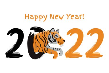 Mutlu yıllar 2022. Doğu takvimine göre kaplan yılı. Kaplan logosu ve 2022 numara beyaz arka planda izole edilmiş. Mutlu yıllar tebrik kartı..